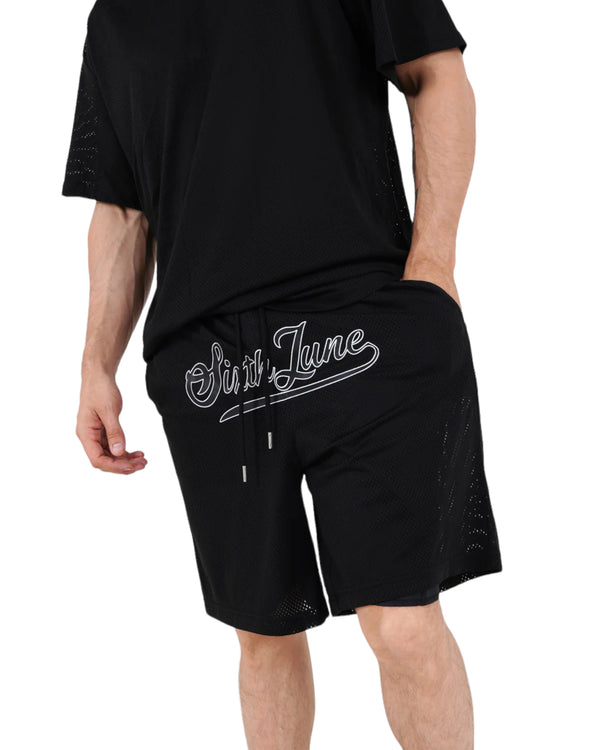 Mesh Shorts w/Front Embroidery black