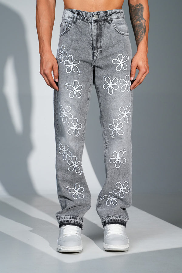 Flower Denim Jeans Grey