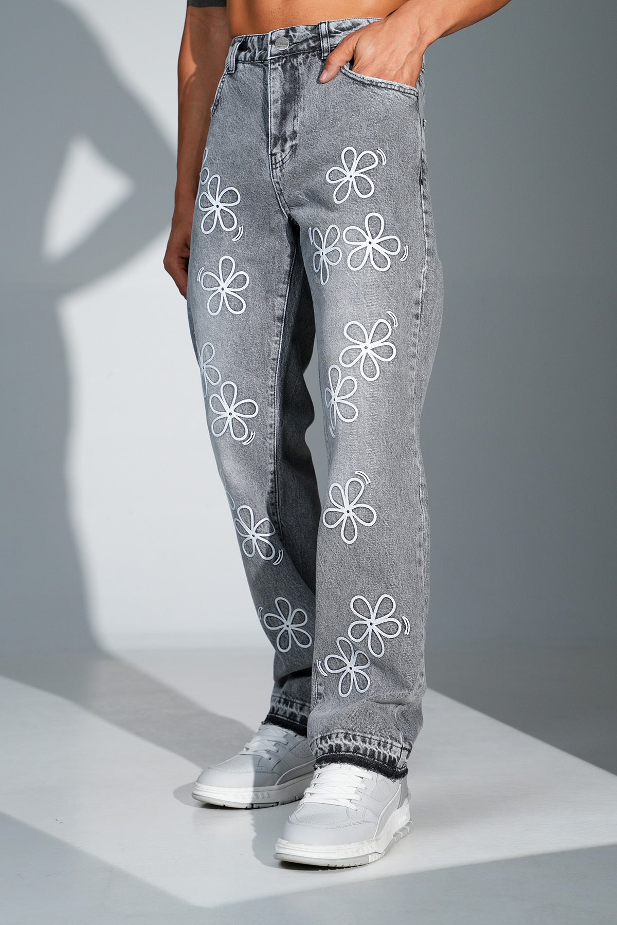 Flower Denim Jeans Grey