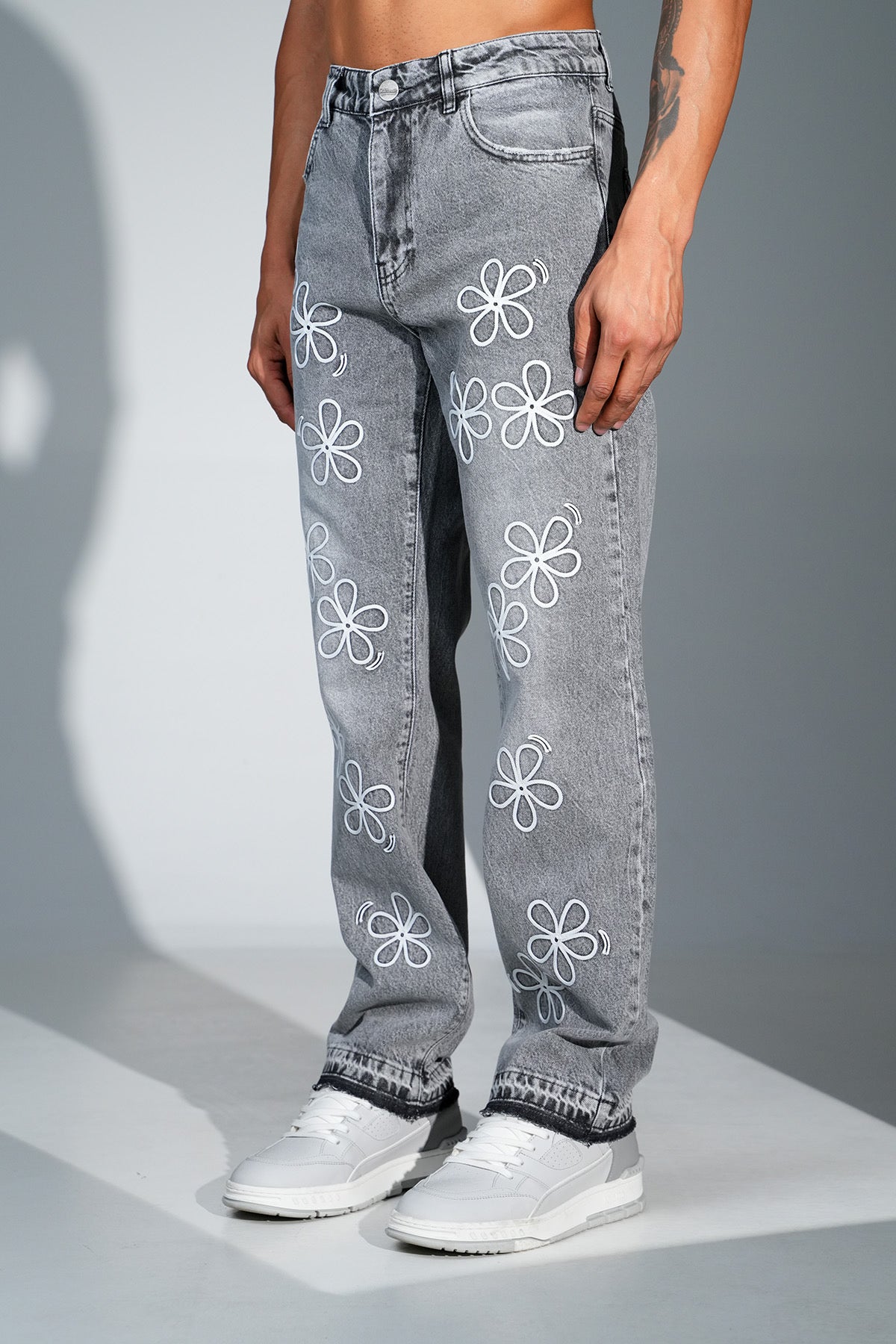 Flower Denim Jeans Grey